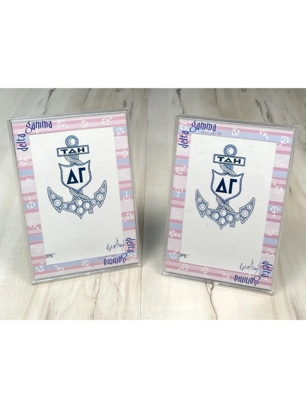 Lot 2 Anchor Trader Clear Acrylic Picture Frames w/ DELTA GAMMA Insert 4x6 3x5